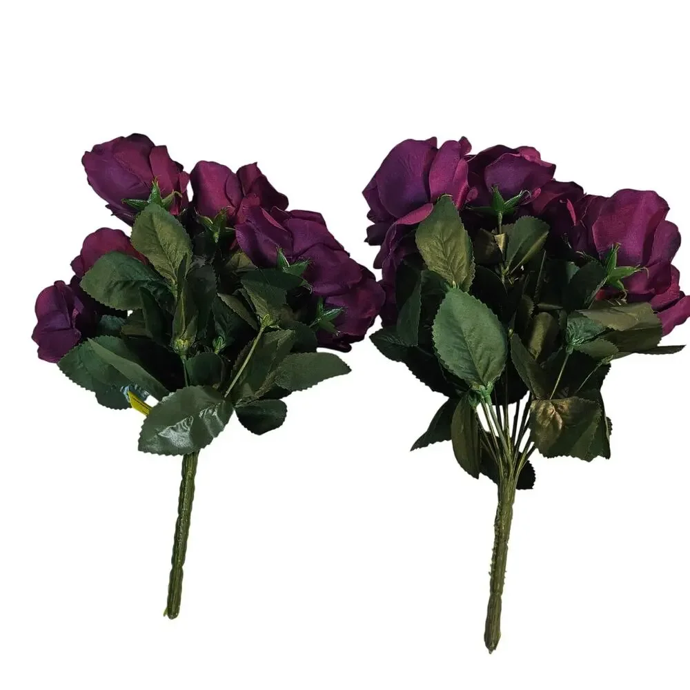 Silk Artificial Purple Rose Bush 12 Large 4in Rose Floral Wedding Craft Lot of 2